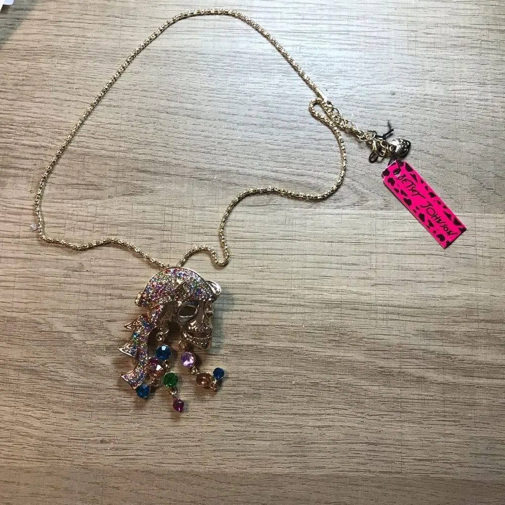 Betsy Johnson Gold Rhinestone Multicolor Crystal Pirate Skull Pendant Necklace